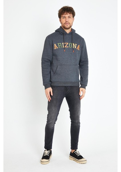 Erkek 3 İplik Pamuklu İçi Polarlı Regular Fit Nakışlı Kapüşonlu Kanguru Cepli Antrasit Sweatshirt fiyatları