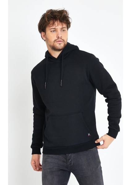 Erkek Kapüşonlu Kanguru Cep 3 İplik Sweatshirt Siyah