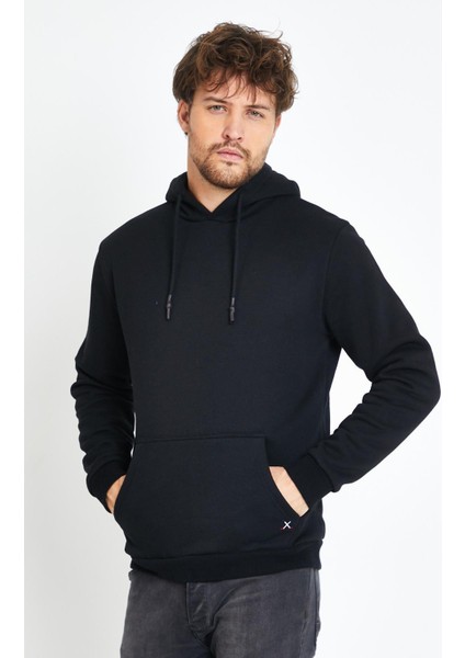 Erkek Kapüşonlu Kanguru Cep 3 İplik Sweatshirt Siyah