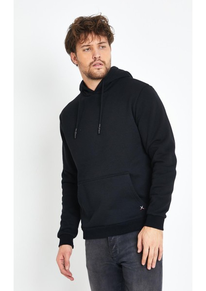 Erkek Kapüşonlu Kanguru Cep 3 İplik Sweatshirt Siyah