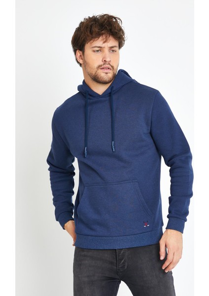 Erkek Kapüşonlu Kanguru Cep 3 İplik Sweatshirt İndigo indirimleri