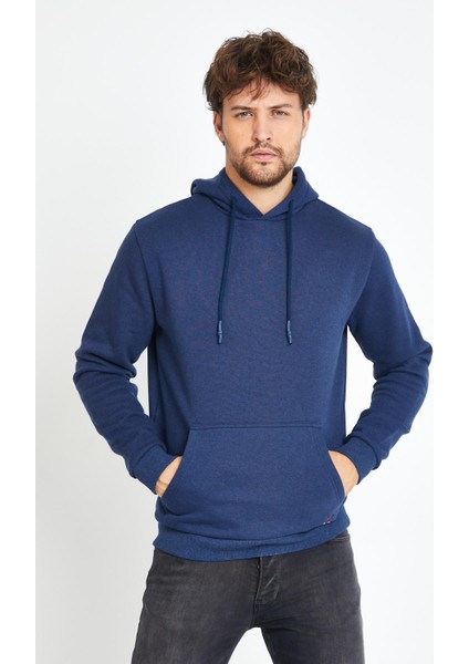 Erkek Kapüşonlu Kanguru Cep 3 İplik Sweatshirt İndigo