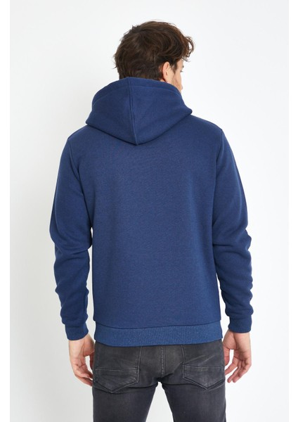 Erkek Kapüşonlu Kanguru Cep 3 İplik Sweatshirt İndigo