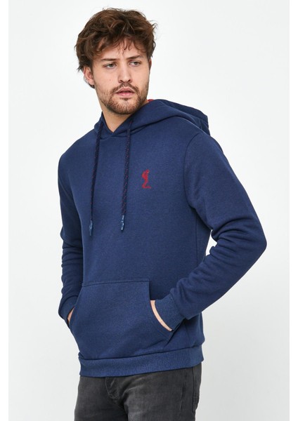 Erkek İskelet Nakışlı 3 İplik Kapüşonlu Sweatshirt İndigo fırsatları