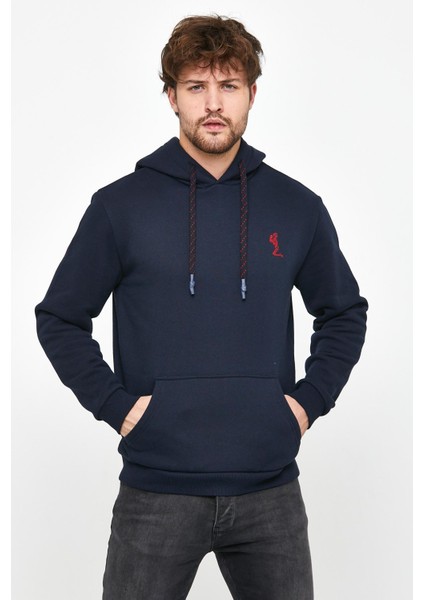 Erkek İskelet Nakışlı 3 İplik Kapüşonlu Sweatshirt Lacivert