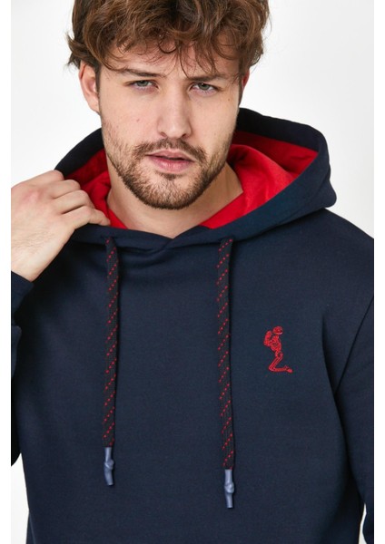Erkek İskelet Nakışlı 3 İplik Kapüşonlu Sweatshirt Lacivert fiyatları
