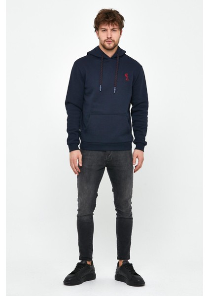 Erkek İskelet Nakışlı 3 İplik Kapüşonlu Sweatshirt Lacivert fırsatları