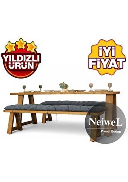 Doğal Ahşap Yemek Masası Takımı Country Tasarım Açık Ceviz 120x80 cm 2 Adet Bank indirimleri