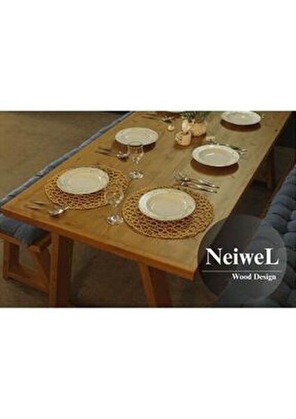 Doğal Ahşap Yemek Masası Takımı Country Tasarım Açık Ceviz 120x80 cm 2 Adet Bank