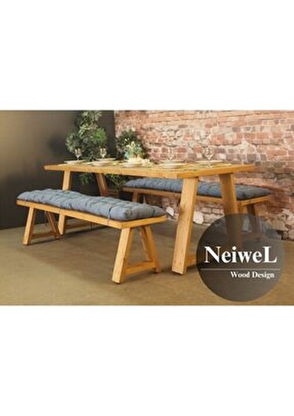 Doğal Ahşap Yemek Masası Takımı Country Tasarım Açık Ceviz 120x80 cm 2 Adet Bank