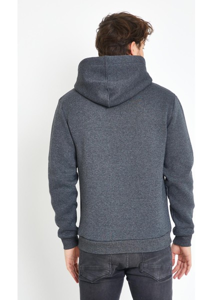 Erkek 3 İplik Pamuklu İçi Polarlı Regular Fit Nakışlı Kapüşonlu Kanguru Cepli Antrasit Sweatshirt