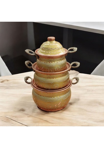 Mini Bakır Tencere 18*8 cm Mini Süs Tencere 3'lü Süs Biblo Tencere Minyatur Tencere