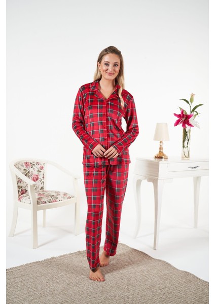 Kadın Kırmızı Kadife Gömlek Pijama Takımı - 25363R
