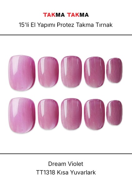 15'li Mor Kısa Yuvarlak TT1318 Tekrar Kullanılabilir El Yapımı Protez Takma Tırnak - Mor-S