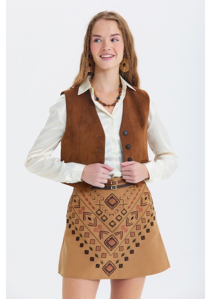 Kemerli Etnik Desenli Mini Etek Kahverengi