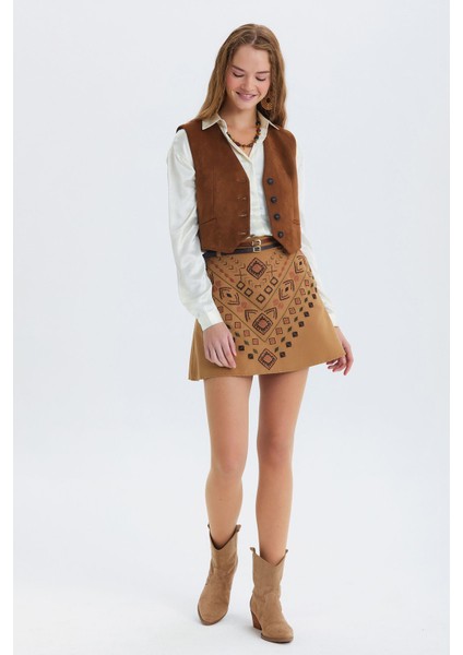 Kemerli Etnik Desenli Mini Etek Kahverengi fiyatları