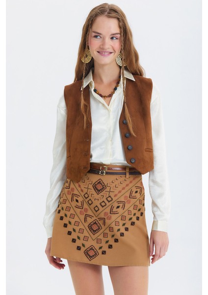 Kemerli Etnik Desenli Mini Etek Kahverengi modelleri