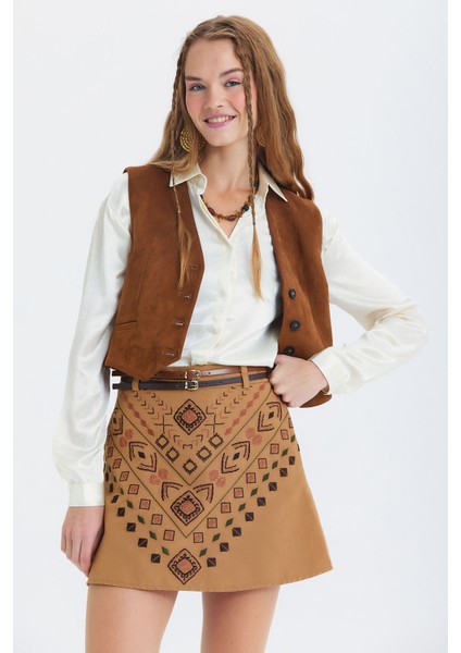 Kemerli Etnik Desenli Mini Etek Kahverengi fırsatları