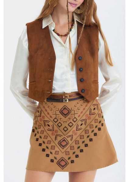 Kemerli Etnik Desenli Mini Etek Kahverengi