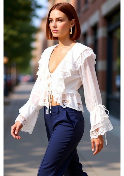 Kadın V Yaka Dantel Detaylı Fırfırlı Bluz Yazlık Şıklık ve Konfor Kaliteli Şık Rahat Modern fırsatları