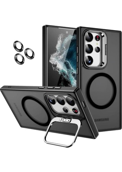 Samsung Için Kılıf Kamera Korumalı Magsafe Wireless Şarj Özellikli Mat Şeffaf Renkli Standlı Kılıf (Lens Hediyeli) (Siyah, S23 Ultra)