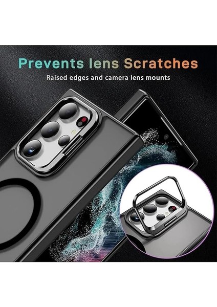 Samsung Için Kılıf Kamera Korumalı Magsafe Wireless Şarj Özellikli Mat Şeffaf Renkli Standlı Kılıf (Lens Hediyeli) (Siyah, S23 Ultra) fiyatları
