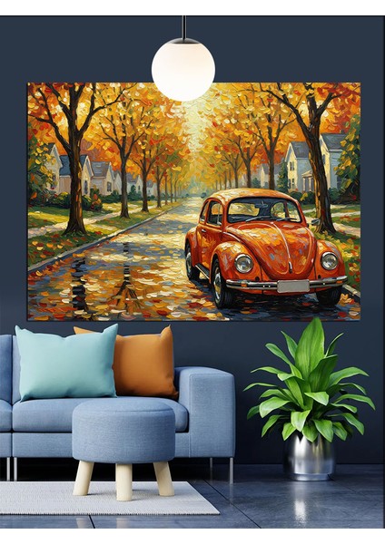 Sonbahar Arabası Yolda Dekoratif Kanvas - Mdf Ahşap Tablo