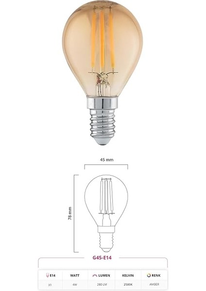 LED Filament Ampul 4 Watt E14 Duy Sarı Işık Dekoratif Vintage Aydınlatma (1, G45 Amber Cam) fiyatları