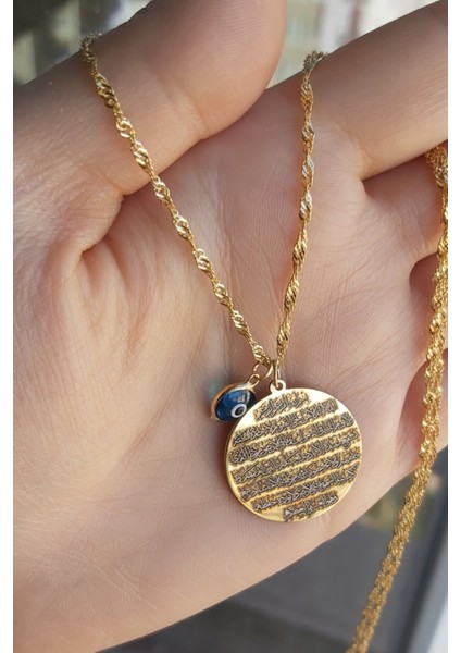 925 Ayar Gümüş 24 Ayar Altın Kaplama Nazar Boncuklu Ayetel Kürsi Kolye