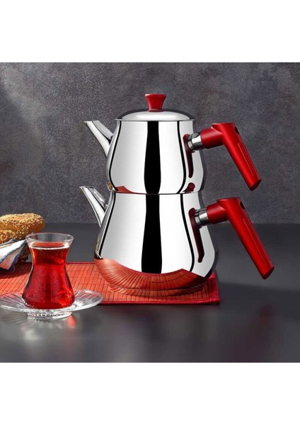 Çaykara Soft Mini Çelik Çaydanlık Takımı - Gri / Kırmızı - 1,2 Lt + 800 ml
