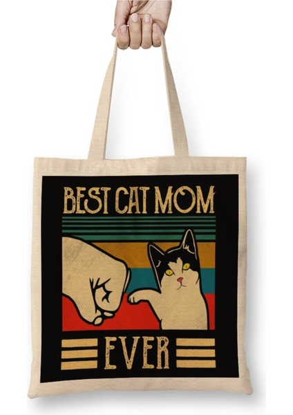 Vintage Best Cat Mom Kedi Annesi Beyaz Bez Çanta Uzun Saplı Alışveriş Çantası Plaj Çantası