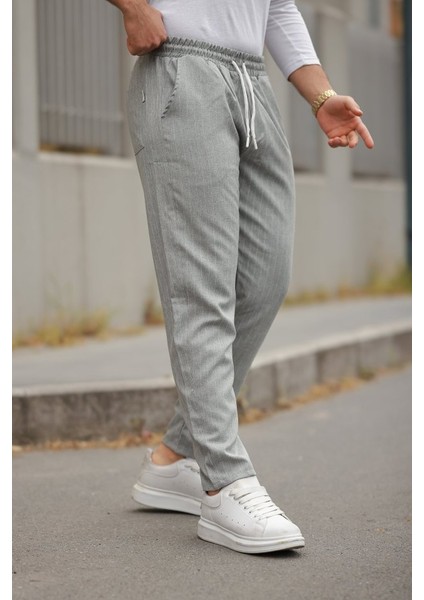 Erkek Beli Bağcıklı Çizgili Pantolon