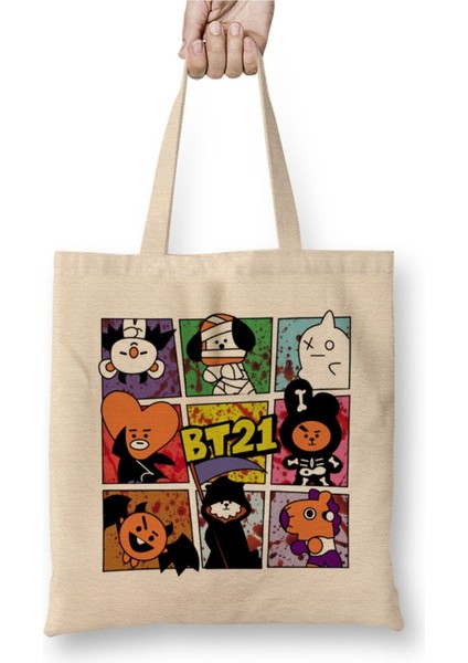 BT21 Halloween Cadılar Bayramı Bts Beyaz Bez Çanta Uzun Saplı Alışveriş Çantası Plaj Çantası