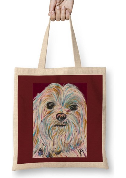 Maltese Dog Köpek Beyaz Bez Çanta Uzun Saplı Alışveriş Çantası Plaj Çantası