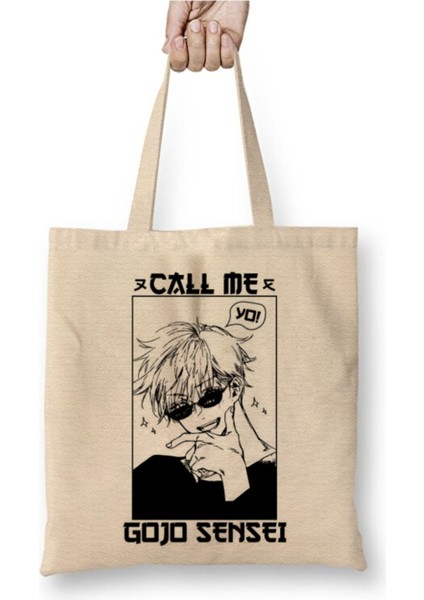 Jujutsu Kaisen Gojo Call Me Beyaz Bez Çanta Uzun Saplı Alışveriş Çantası Plaj Çantası