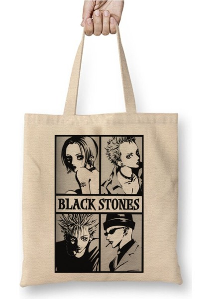 Black Stones Nana Beyaz Bez Çanta Uzun Saplı Alışveriş Çantası Plaj Çantası