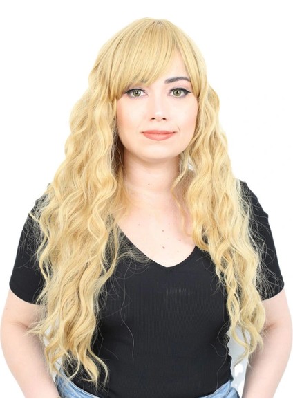 Perçemli Uzun Su Dalgası Fiber Sentetik Peruk - Sarı