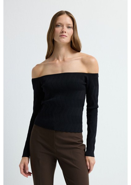 Zigzag Örgülü Triko Kazak Siyah 13945301000