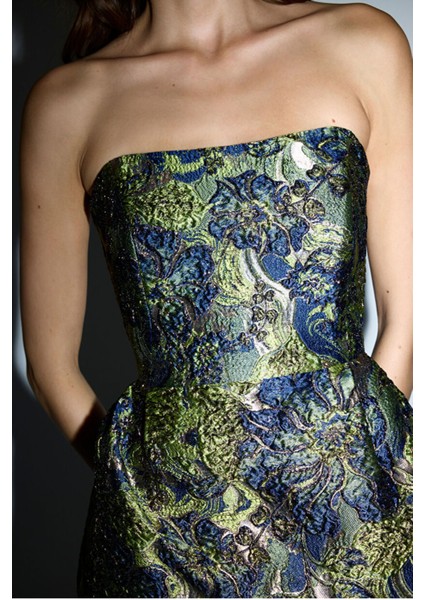 Straplez Desenli Mini Elbise Lacivert 12444009004 modelleri