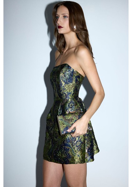 Straplez Desenli Mini Elbise Lacivert 12444009004 fırsatları