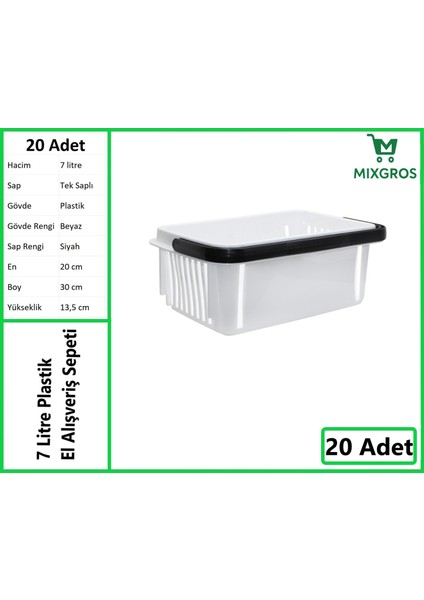 Plastik Kozmetik Alışveriş El Sepeti 7 Litre Beyaz 20 Adet