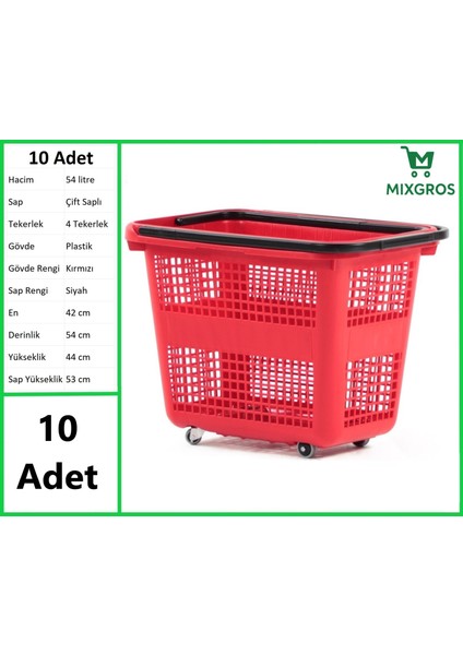 Tekerlekli Plastik Market Alışveriş El Sepeti 54 Litre Kırmızı 10 Adet