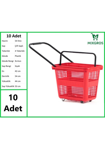 Tekerlekli Plastik Market Alışveriş El Sepeti 54 Litre Kırmızı 10 Adet fiyatları