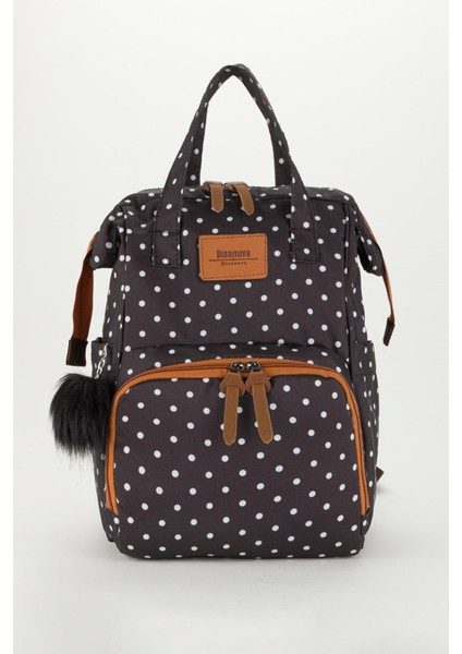 Siyah Puantiyeli Termos Gözlü Anne Bebek Bakım Sırt Çantası | Çok Gözlü Organizer-Ponponlu