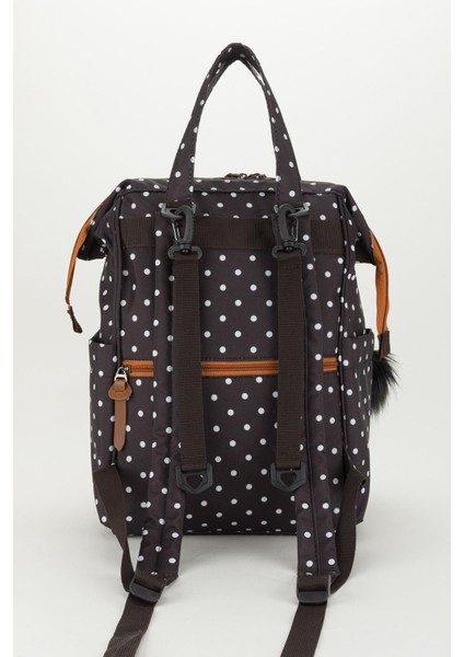 Siyah Puantiyeli Termos Gözlü Anne Bebek Bakım Sırt Çantası | Çok Gözlü Organizer-Ponponlu modelleri