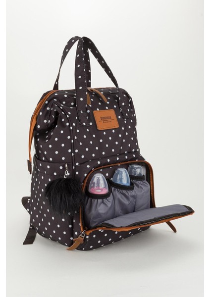 Siyah Puantiyeli Termos Gözlü Anne Bebek Bakım Sırt Çantası | Çok Gözlü Organizer-Ponponlu indirimleri