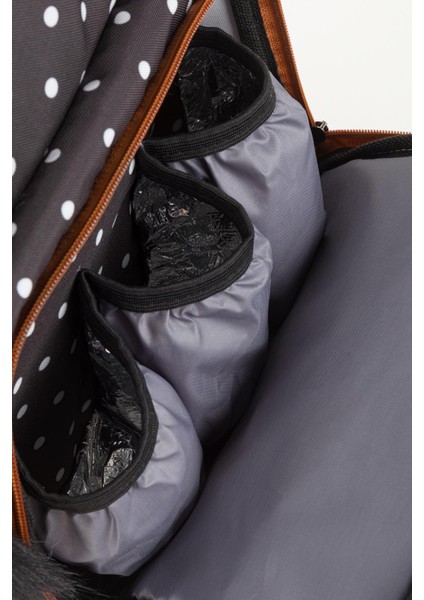 Siyah Puantiyeli Termos Gözlü Anne Bebek Bakım Sırt Çantası | Çok Gözlü Organizer-Ponponlu