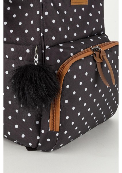 Siyah Puantiyeli Termos Gözlü Anne Bebek Bakım Sırt Çantası | Çok Gözlü Organizer-Ponponlu