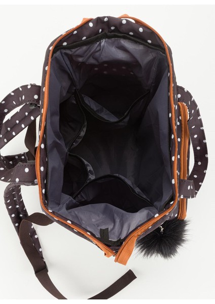 Siyah Puantiyeli Termos Gözlü Anne Bebek Bakım Sırt Çantası | Çok Gözlü Organizer-Ponponlu