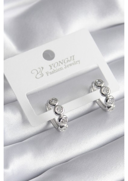 Pirinç Gümüş Renk Zirkon Taşlı Kadın Küpe